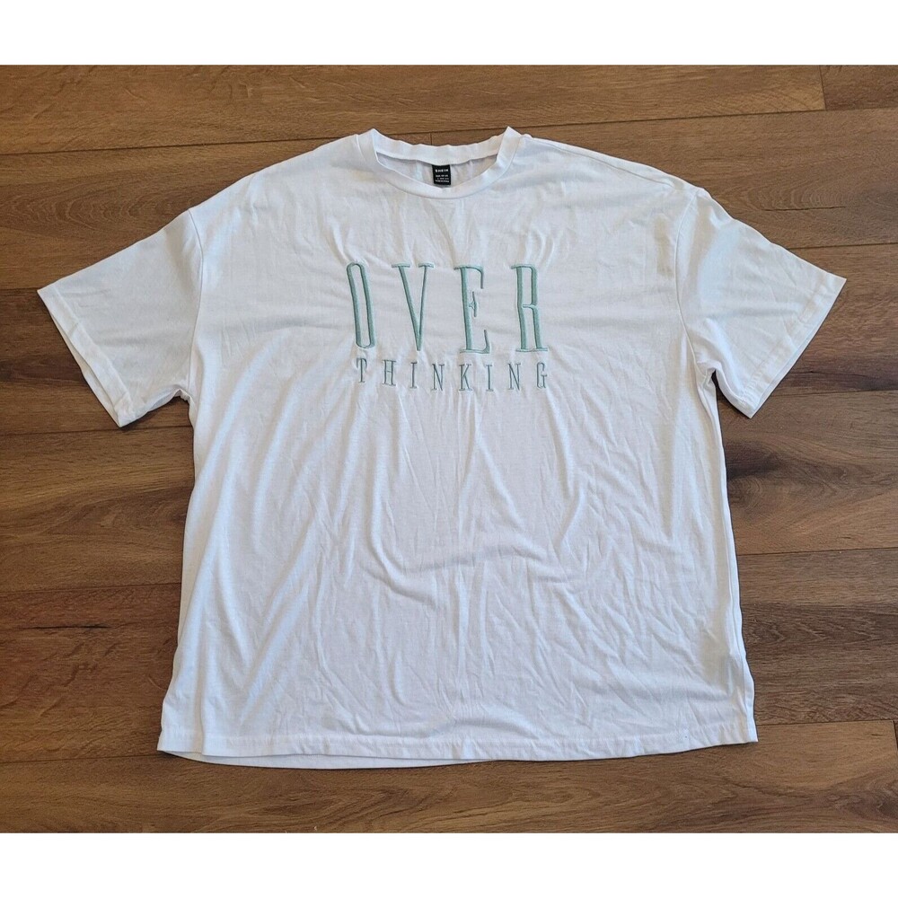Over Thinking Shirt Womens Large White Short Sleeve Teal L Casual Stretch Shein